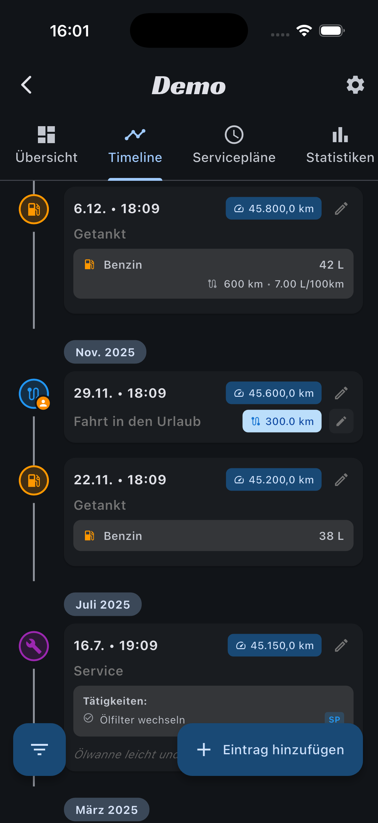 App Screenshot Fahrzeug-Timeline