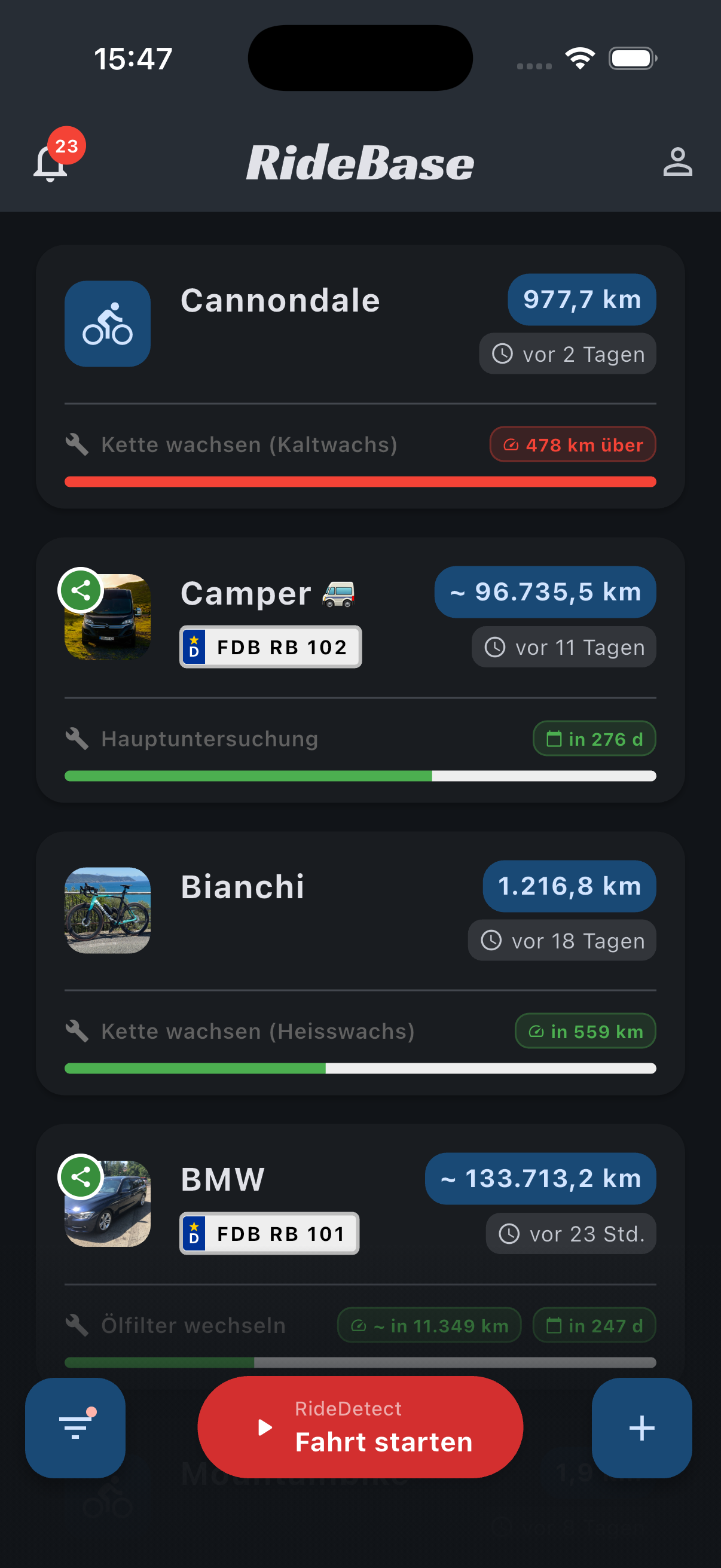 App Screenshot Fahrzeugüberblick